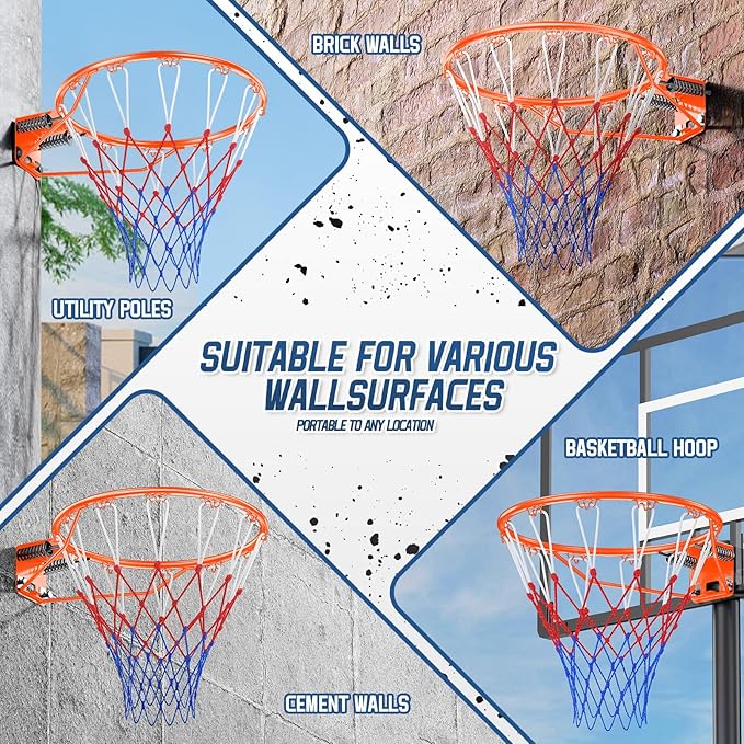 Basketball Rim, 18" Replacement Wall Mounted Outdoor Basketball Hoop, Heavy Duty Solid Steel, Double Spring Basketball Hoop Rim with All Weather Net for Indoor and Outdoor Hanging