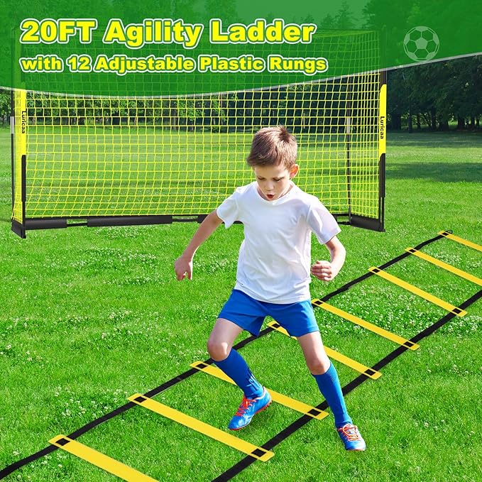 Collapsible Soccer Goal, 12×6 ft /6×4 ft Portable Soccer Goal Net for Backyard, Quick Setup Soccer Goals with 1 Carry Bag, 1 Agility Ladder, 4 Ground Nails,12 Training Cones