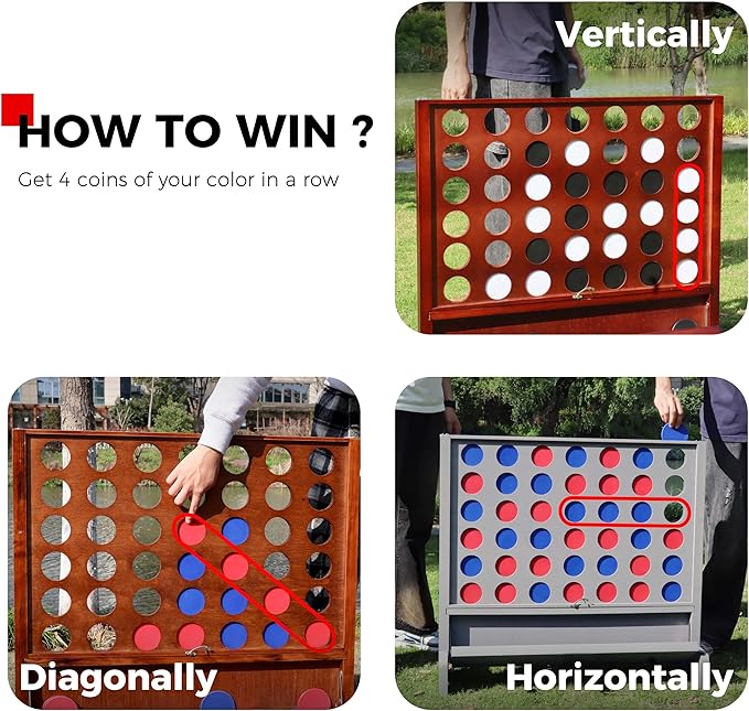 Giant Wooden 4 in a Row Connect Games with Folding Tray - Yard Outdoor Beach Games with Carrying Case - Two Styles to Play - Patented Product