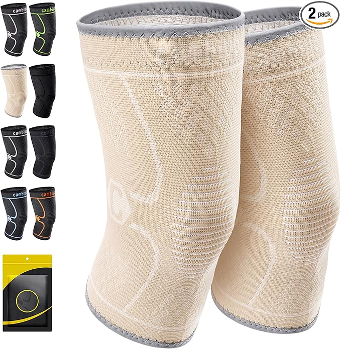 CAMBIVO 2 Pack Knee Brace, Knee Compression Sleeve for Men and Women, Knee Support for Running, Workout, Gym, Hiking, Sports (Beige,Medium)