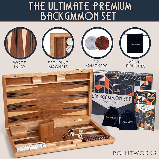 17 Inch Backgammon Sets for Adults. Beautiful Wood Inlaid Backgammon Board Game Set with Unique Checkers & Dice. Large Back Gammon Game Sets Travel Size for 2 Players Nardi or Tavla