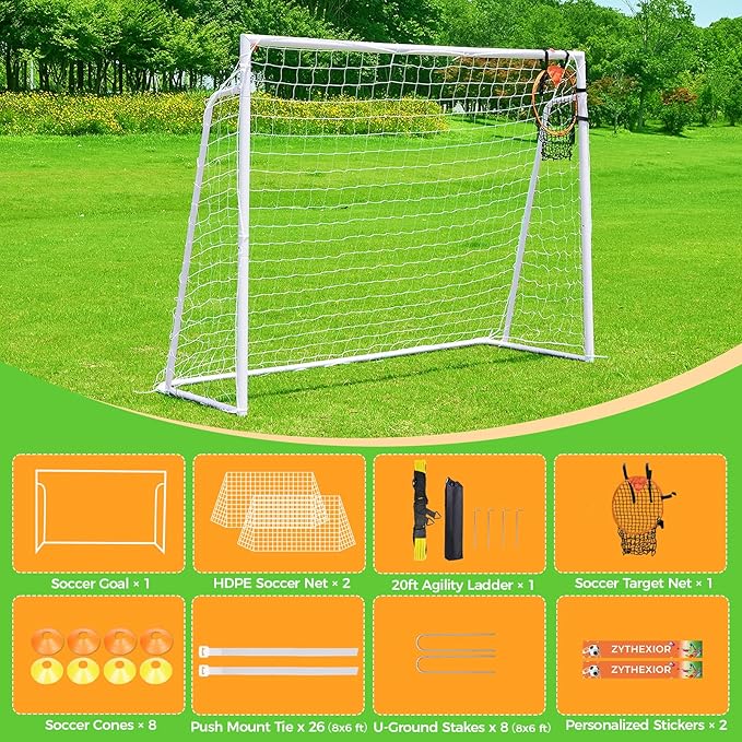 Soccer Goal 12x6,10x6.5, 8x6, 6x4FT Soccer Goals for Backyard Metal Soccer Goals for Kids Youth Adults Large Outdoor 2" Steel Soccer Goal Post Frame with Soccer Net Target Net Portable Agility Ladder