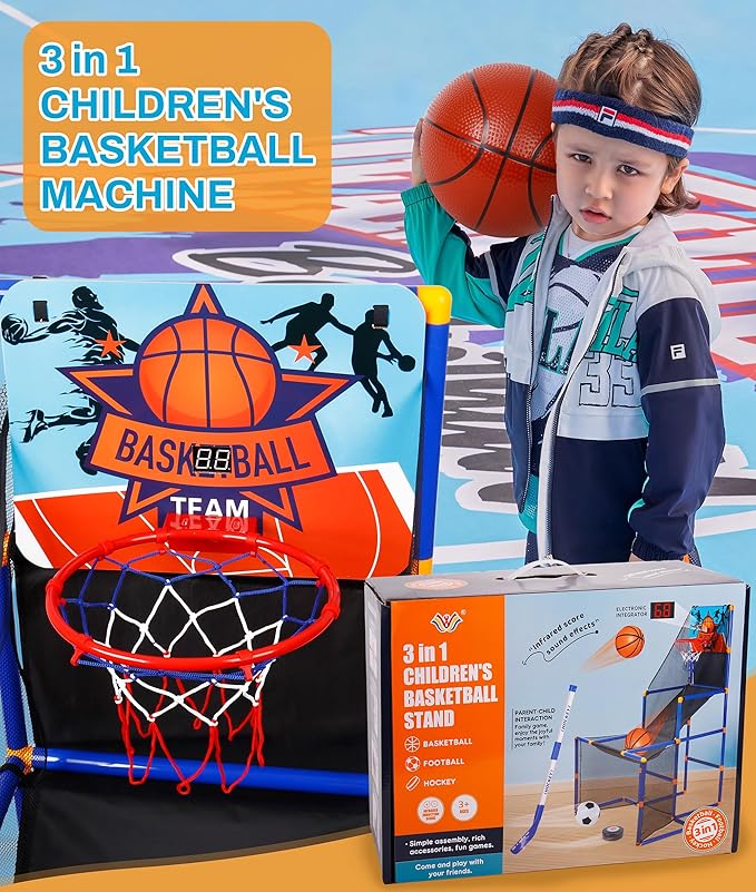 Surpop Kids Basketball Hoop Arcade Game with 4 Balls and Infrared Scoring Indicator, Basketball Football Hockey 3-in-1 - Toy Sports Game for Kids 3+