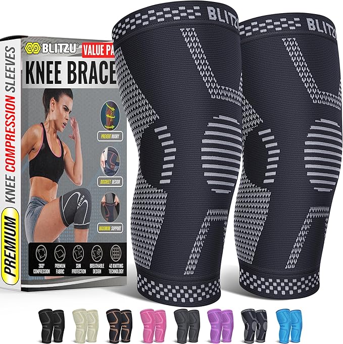 Knee Brace for Women & Men, 2 Pack Compression Knee Brace, Knee Support Sleeve for Pain Relief, Running, Workout, Sports, Knee Braces for ACL, Meniscus Tear, Arthritis and Injury Recovery Jet Black S