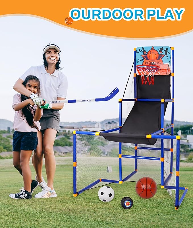 Surpop Kids Basketball Hoop Arcade Game with 4 Balls and Infrared Scoring Indicator, Basketball Football Hockey 3-in-1 - Toy Sports Game for Kids 3+