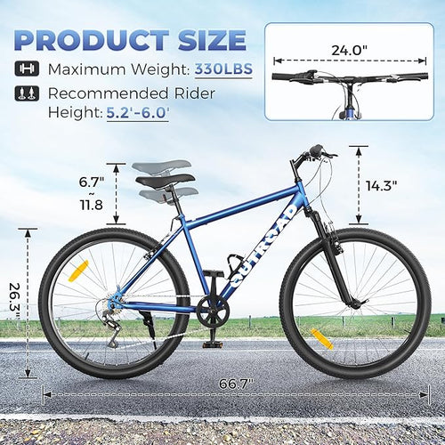 26 inch Mountain Bike with Lightweight Cycling Bicycles, Dual Disc/V Brake,Metal Frame Bicycle for Men and Women, Adult