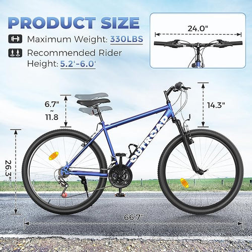 26" Mountain Bike - 1/7-Speed Lightweight High-Carbon Steel Frame, V Brakes & Front Suspension - Adjustable Ergonomic Seat for Men & Women(Quick Assembly, Multiple Colors)