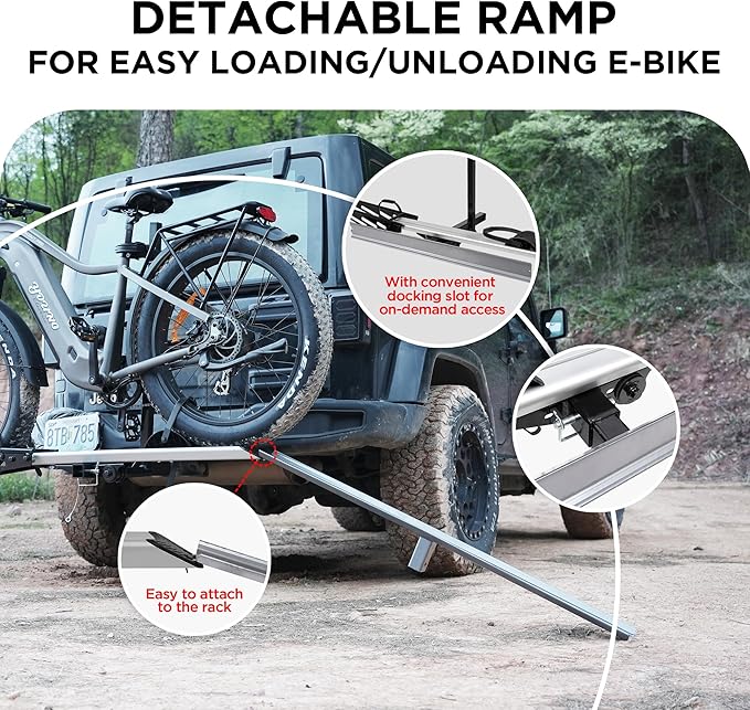 Young Hitch Single 1 Bike Rack with Ramp,100 lbs Capacity E-Bike Carrier Rack for Cars Trucks SUVs Minivans RV, Trailer, Mount Platform Style, Fits Up to 5’’ Fat Tire Bicycle for 2 inch Receiver